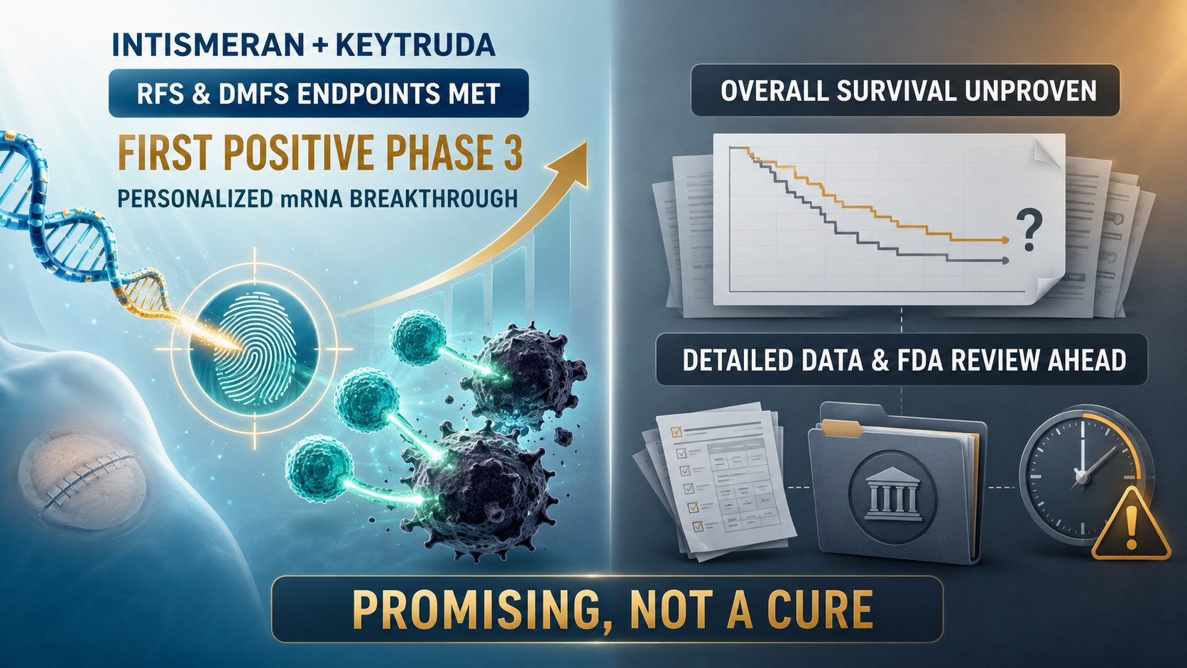 모더나(Moderna)와 머크(Merck), 맞춤형 mRNA 암 치료제 ‘인티스메란(intismeran)’의 흑색종 3상 임상 시험 성과 발표… 그러나 ‘생존 기간 연장’ 확인되지 않았고 제품화엔 수 년 걸려(However, ‘extended survival period’ was not confirmed, and commercialization will take several years)… 개인 맞춤형 치료의 길은 열렸지만 낙관은 금물