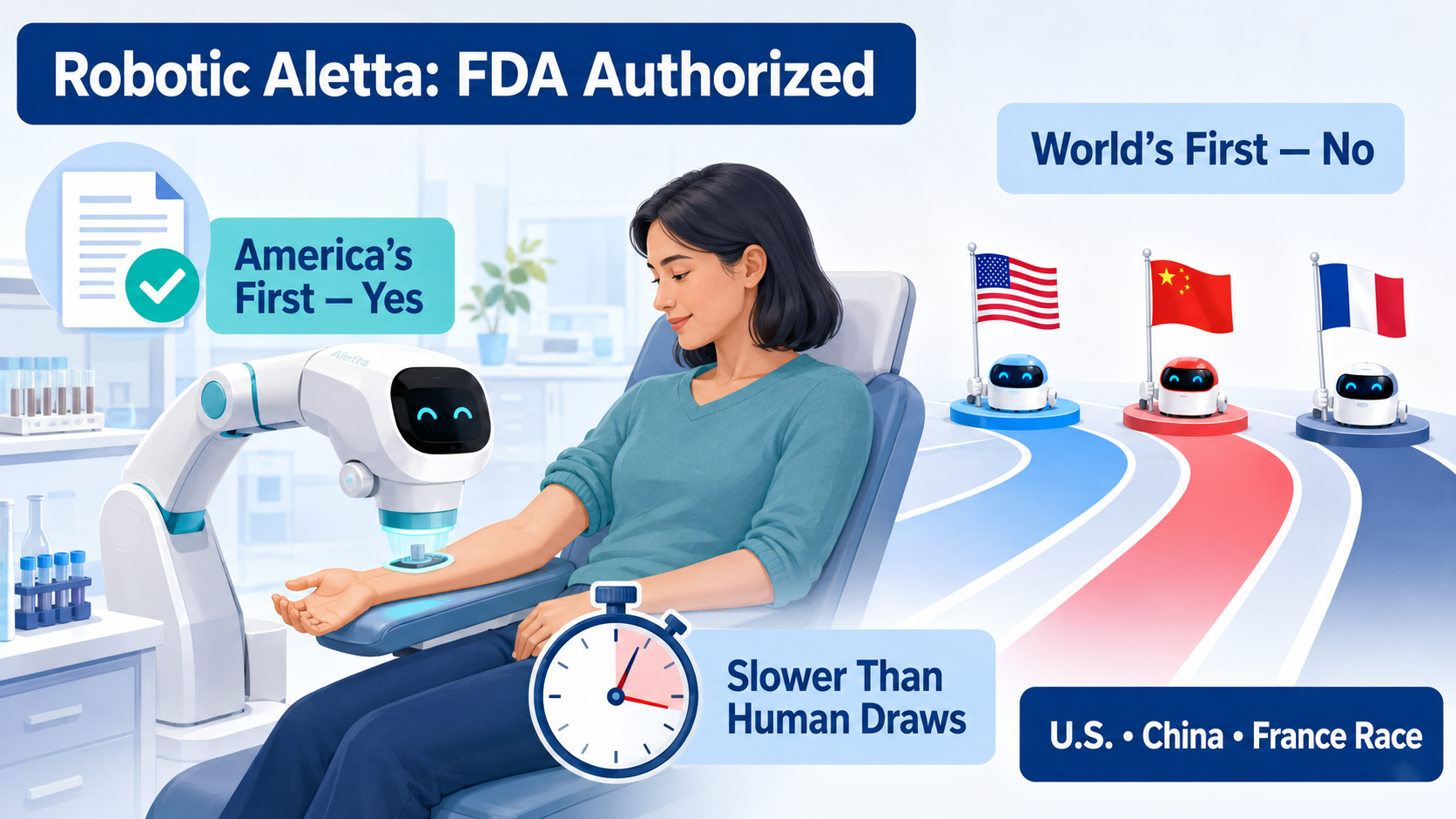 FDA, 사람 손 없이 피 뽑는 로봇(A Robot That Draws Blood Without Human Assistance) ‘알레타’(Aletta) 첫 허가… 미국에서는 최초… 세계 시장에서는 중국 및 프랑스 제품과 경쟁할 듯